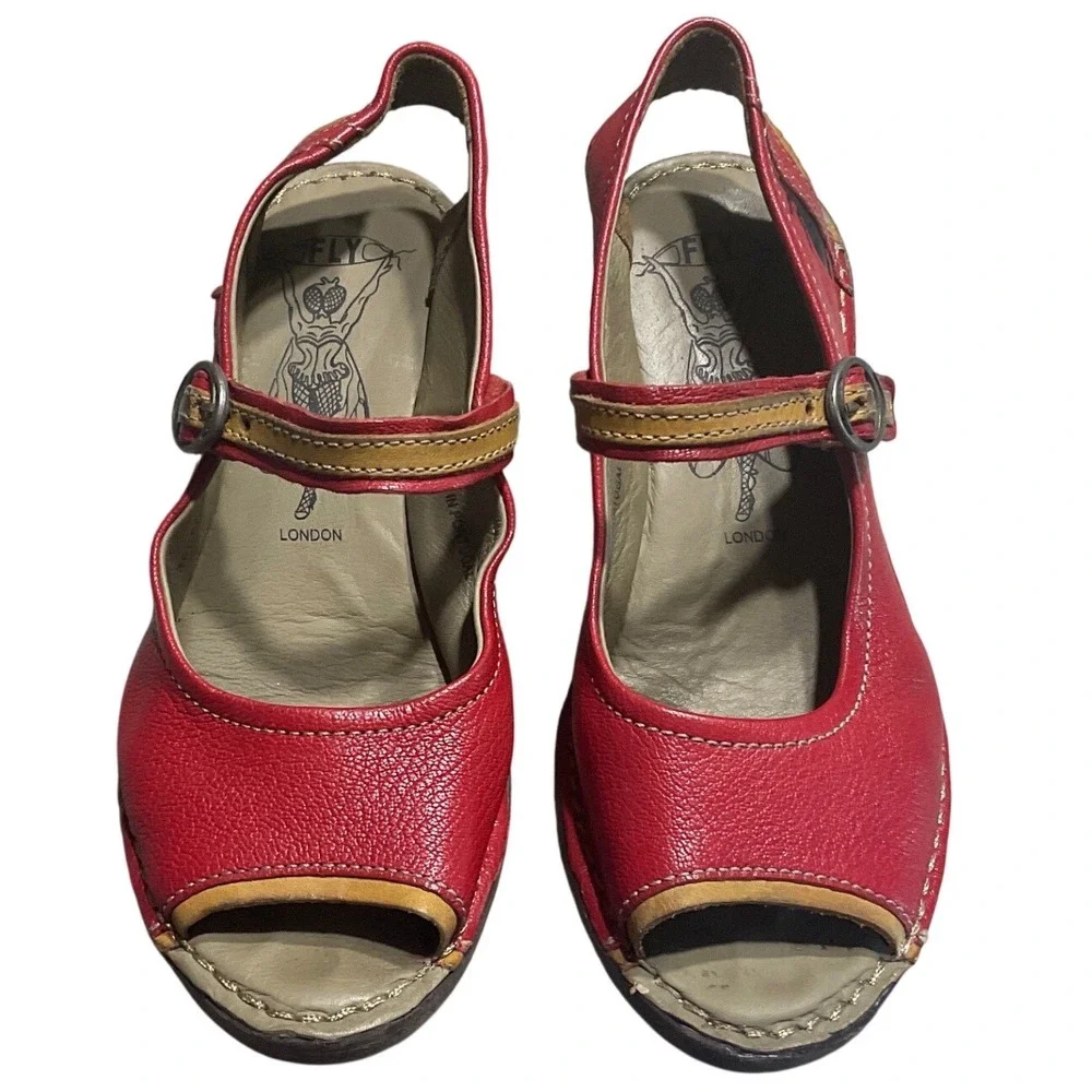 Fly London Wedge Sandals Leather Red Size 38 Mary Jane Peep Toe Boho Quirky